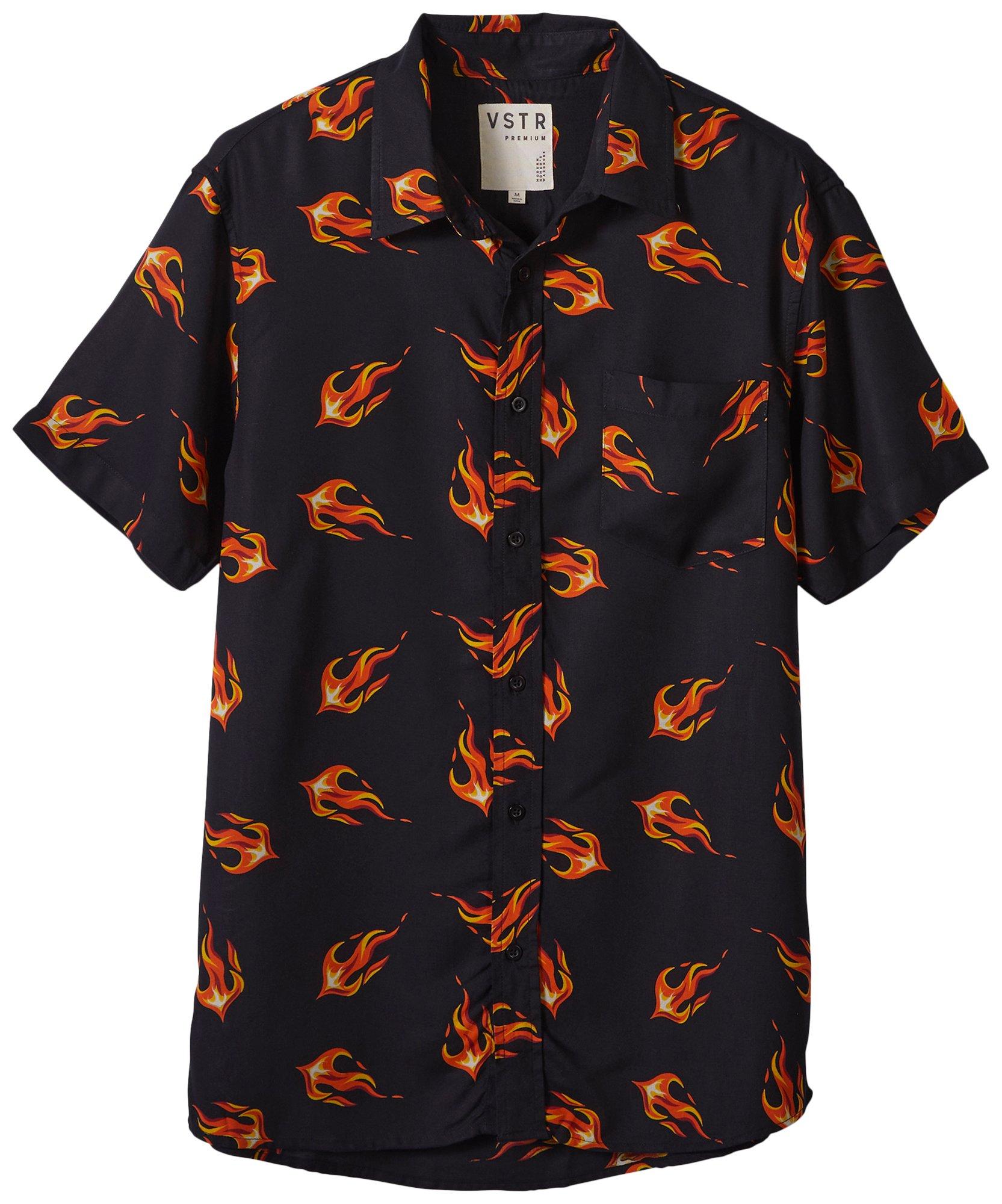 Visitor Mens Button Down Rayon Fire Short Sleeve Shirt