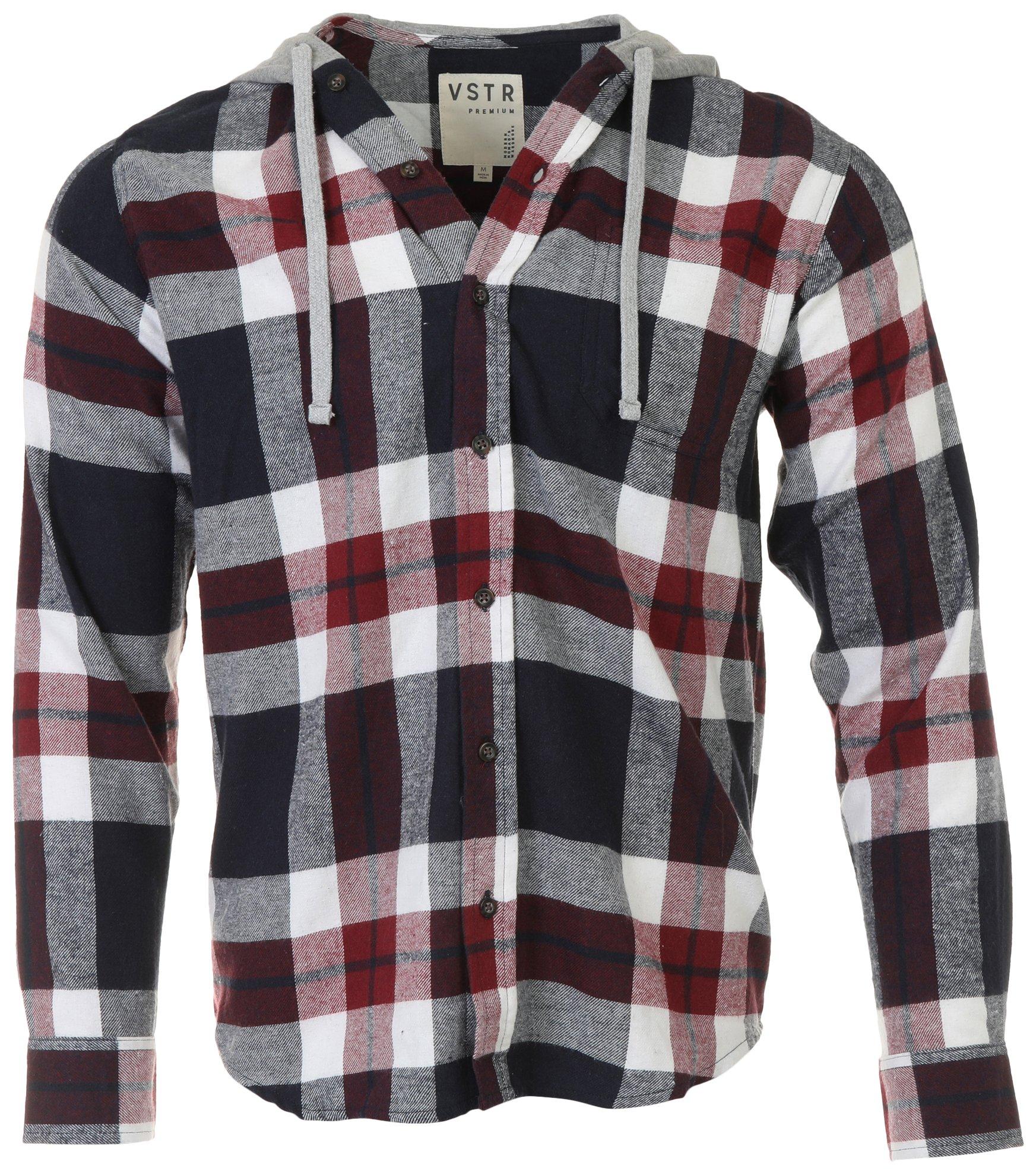 Mens  Hoody Flannel Long Sleeve Plaid Button Down Shirt