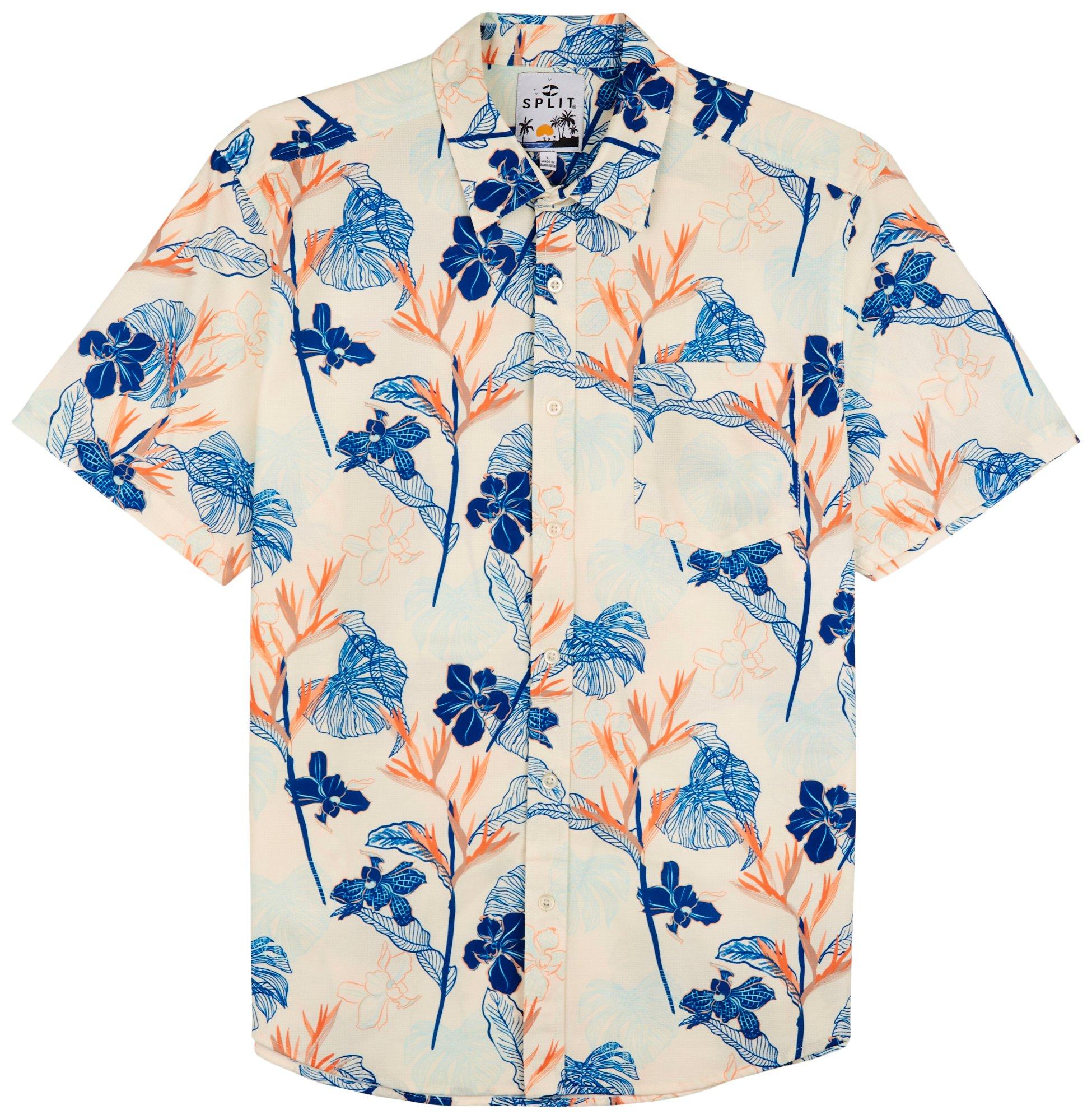 Mens Perforated Tropical Floral Short Sleeve Shirt
