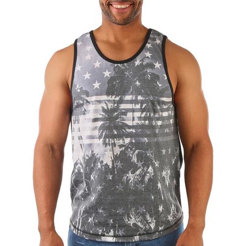 Distortion Mens Flag Palm Trees Sublimation Tank Top