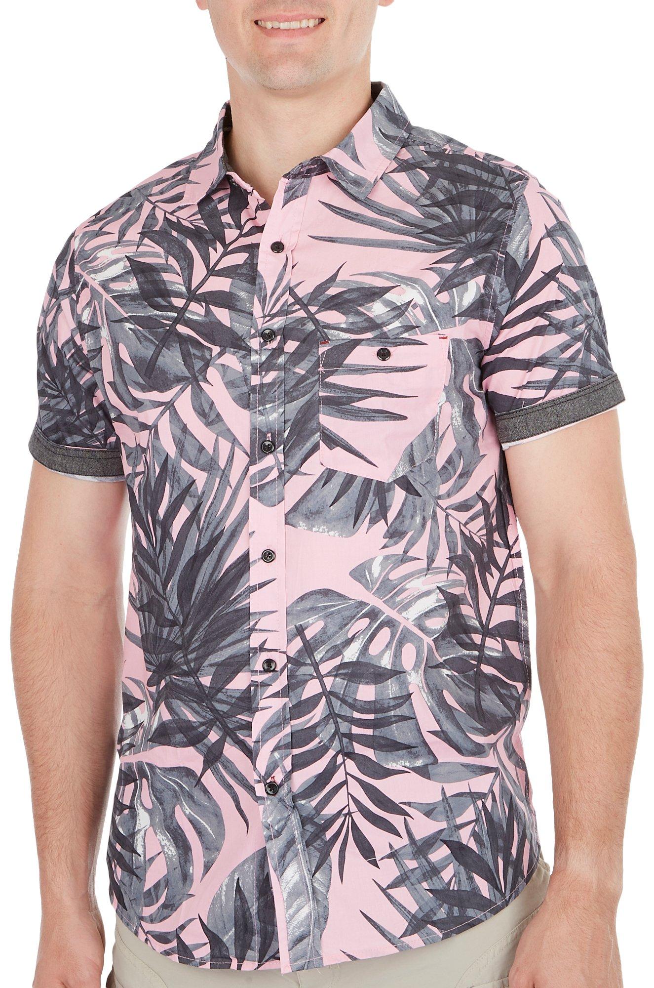 Distortion Mens Palm Print Button Up Short Sleeve Shirt