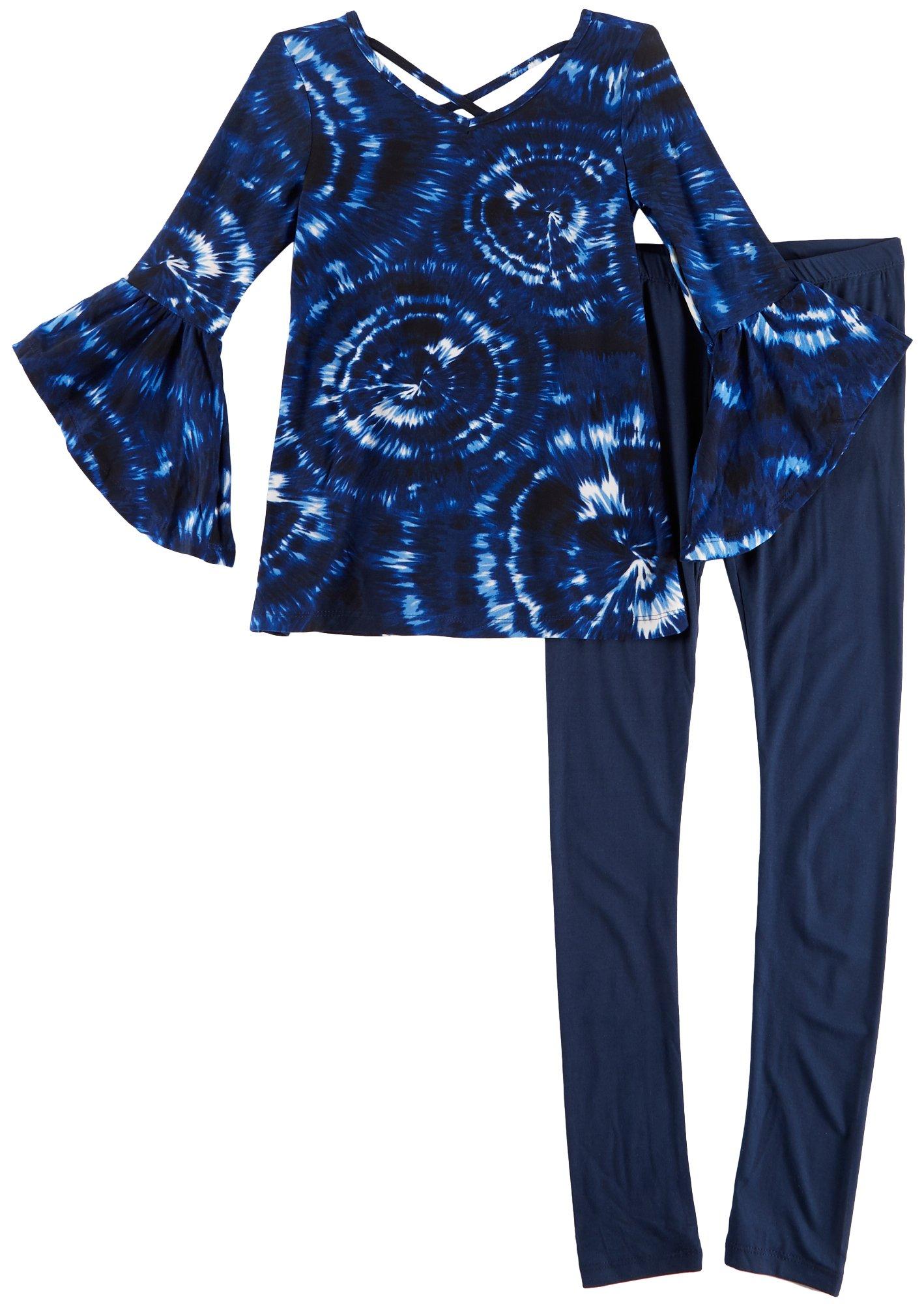 1st Kiss delivers fun and fashionable apparel! Three quarter sleeve top features bold tie dye print, bell sleeves, a round neckline, and stylish crisscross back. Set includes a coordinating pair of solid pull-on leggings with an elastic waist.