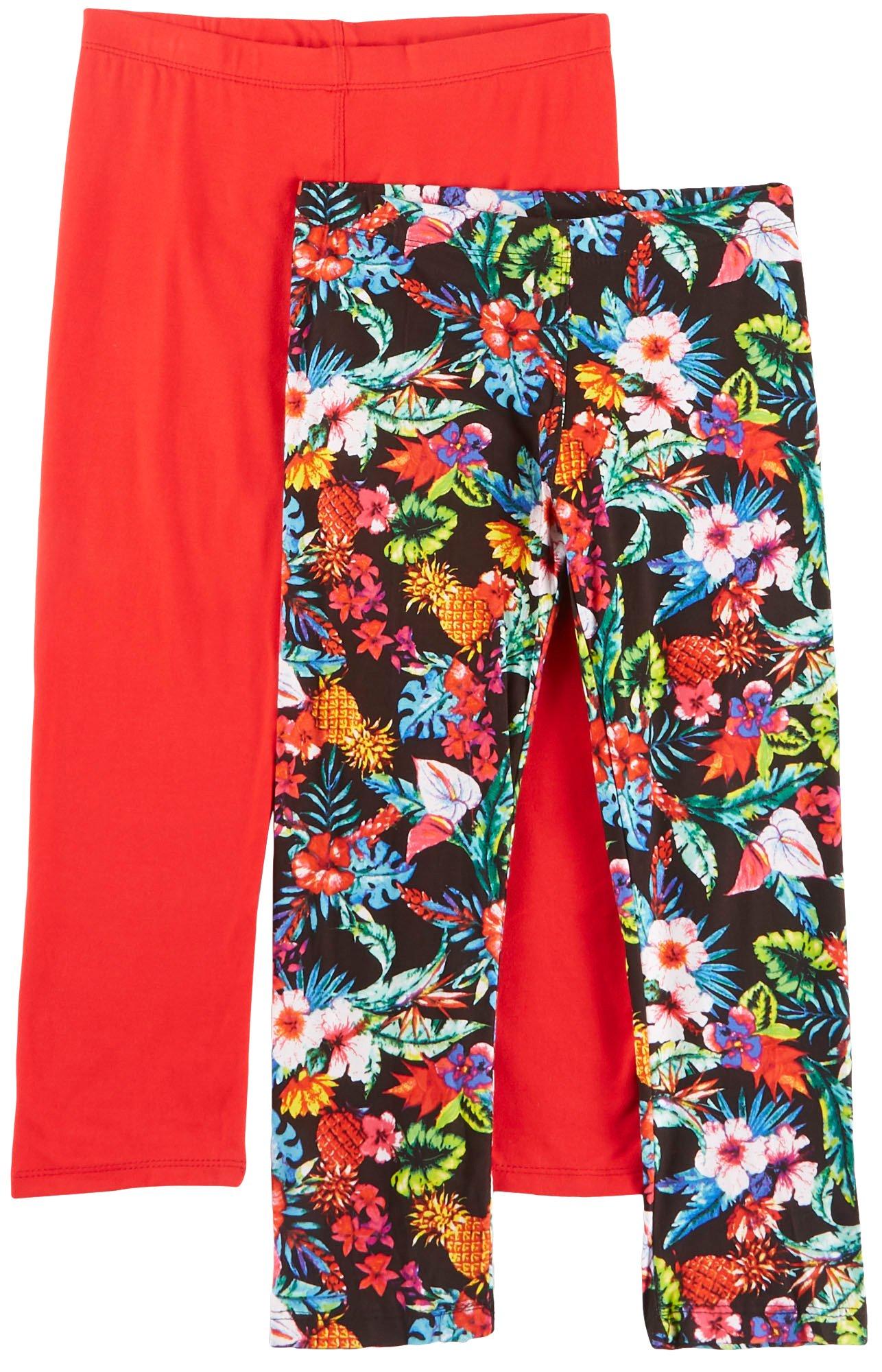 1st Kiss offers styles for the fun, free-spirited trendsetter. This two pack of leggings feature a pair of colorful tropical print leggings and a solid pair of leggings with elastic waists and a close, flattering fit.