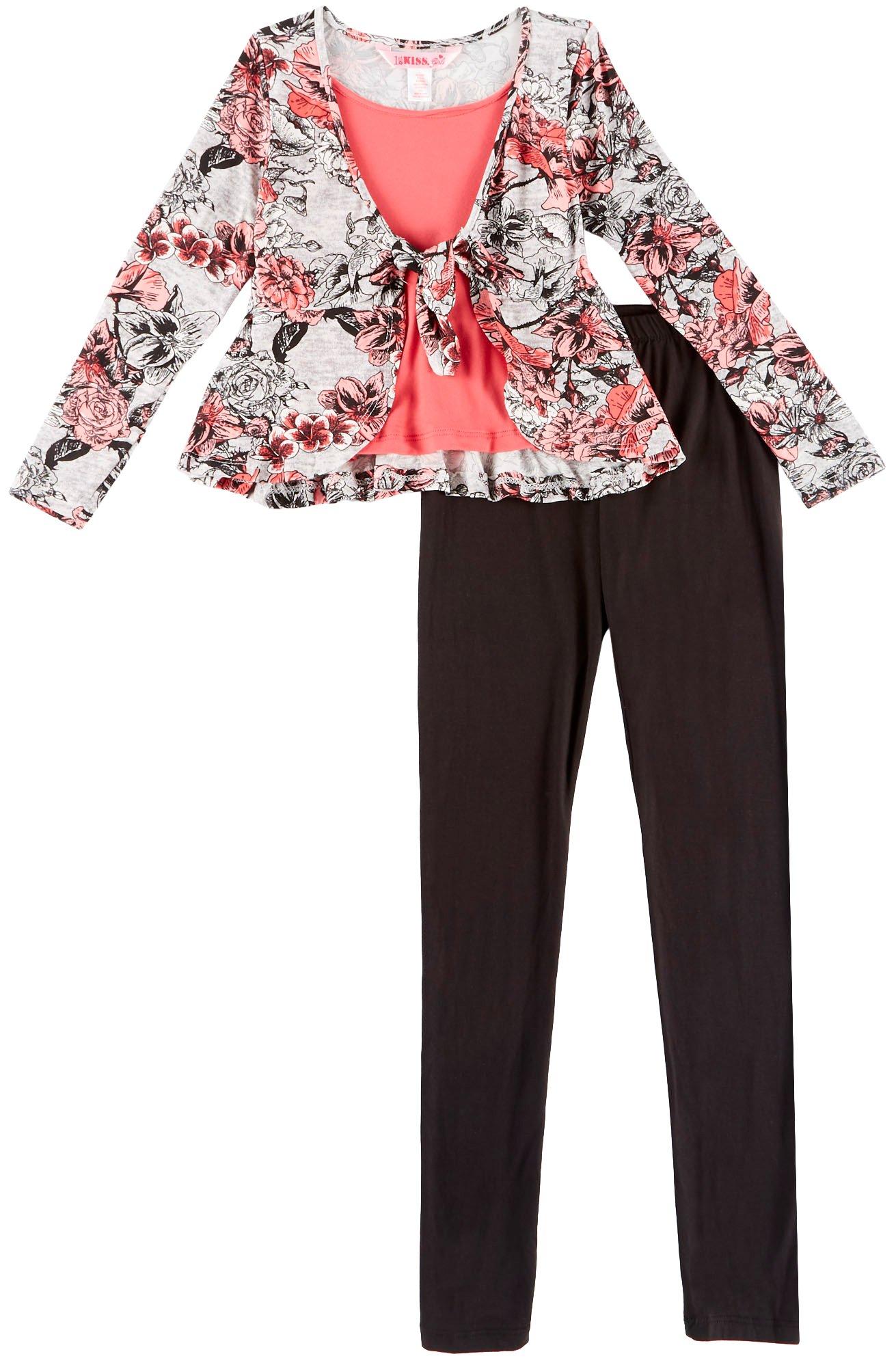 1st Kiss delivers fun and fashionable apparel! Long sleeve shrug top features a heathered design, floral print, a stylish tie front, roomy round neckline, and an attached undershirt. Set includes a coordinating pair of solid pull-on leggings with an elastic waist.