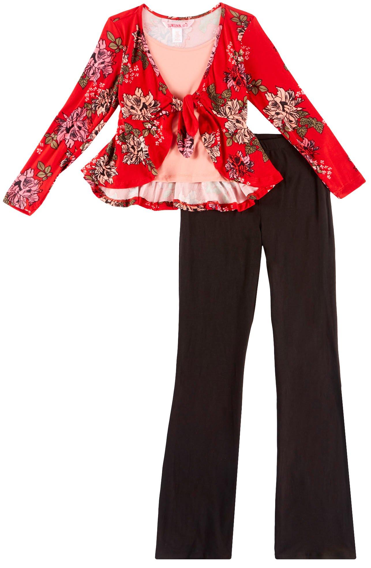 1st Kiss delivers fun and fashionable apparel! Long sleeve shrug top features floral print, a stylish tie front, roomy round neckline, and an attached undershirt. Set includes a coordinating pair of solid pull-on pants with an elastic waist.