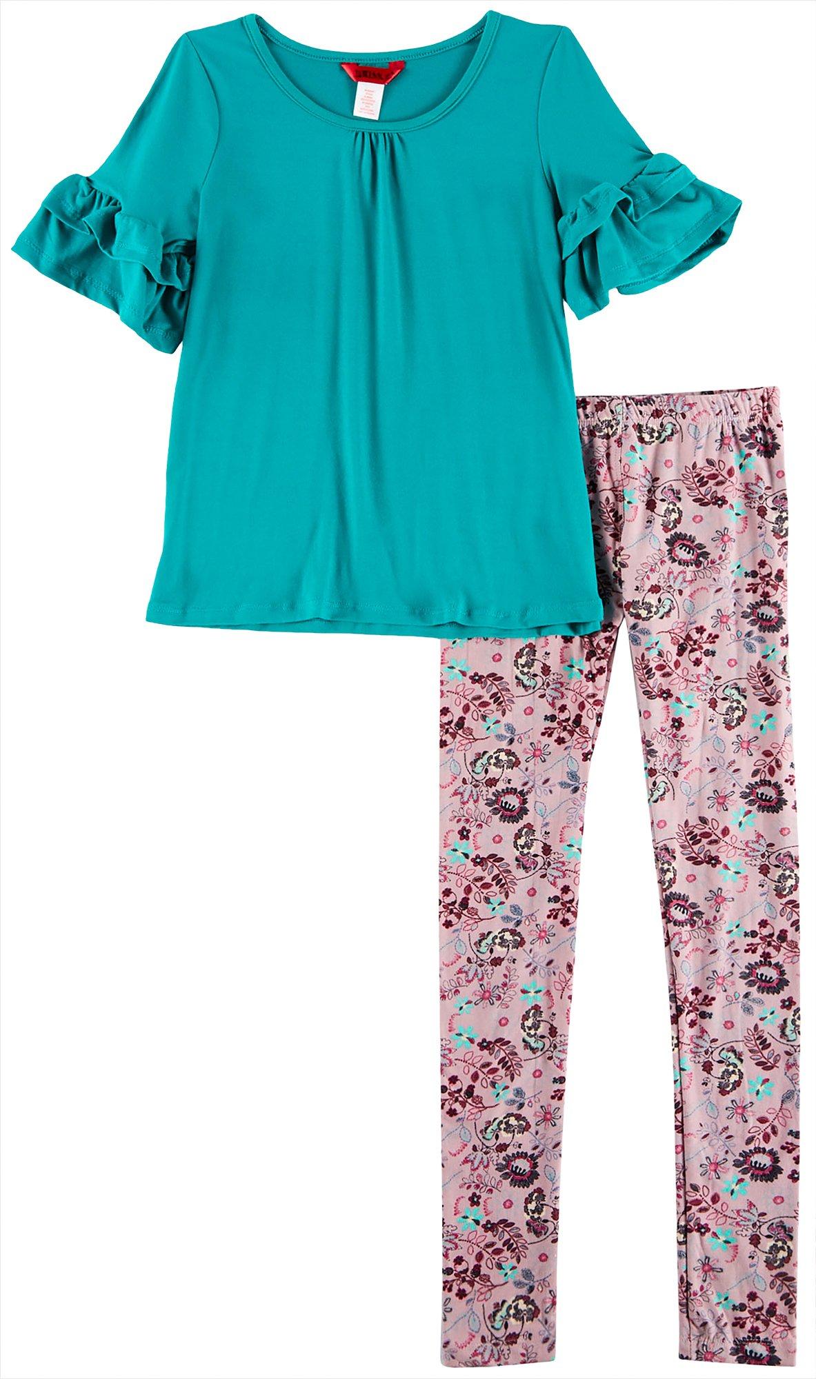 1st Kiss delivers fun and fashionable apparel! Three quarter sleeve top features a solid design, tiered ruffle sleeves, and a round neckline with light ruching. Set includes a coordinating pair of colorful floral print pull-on leggings with an elastic waist.