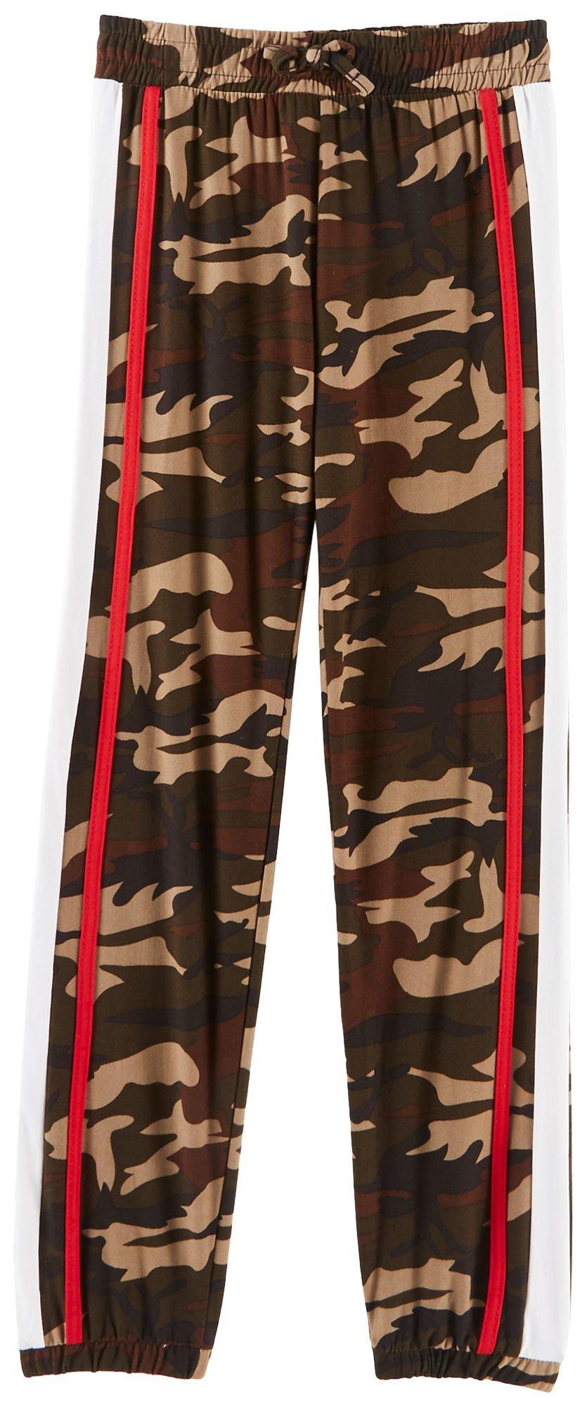 1st Kiss offers styles for the fun, free-spirited trendsetter. These jogger pants feature camouflage print, contrast sports striping, banded cuffs, and an elastic waist.