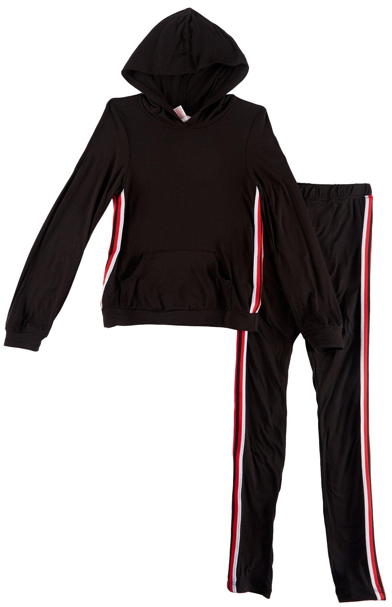 1st Kiss delivers fun and fashionable apparel! Hooded jacket features a solid design, contrast sports striping, a kangaroo pocket, and banded hems. Set includes a coordinating pair of solid pull-on pants with contrast sports striping and an elastic waist.