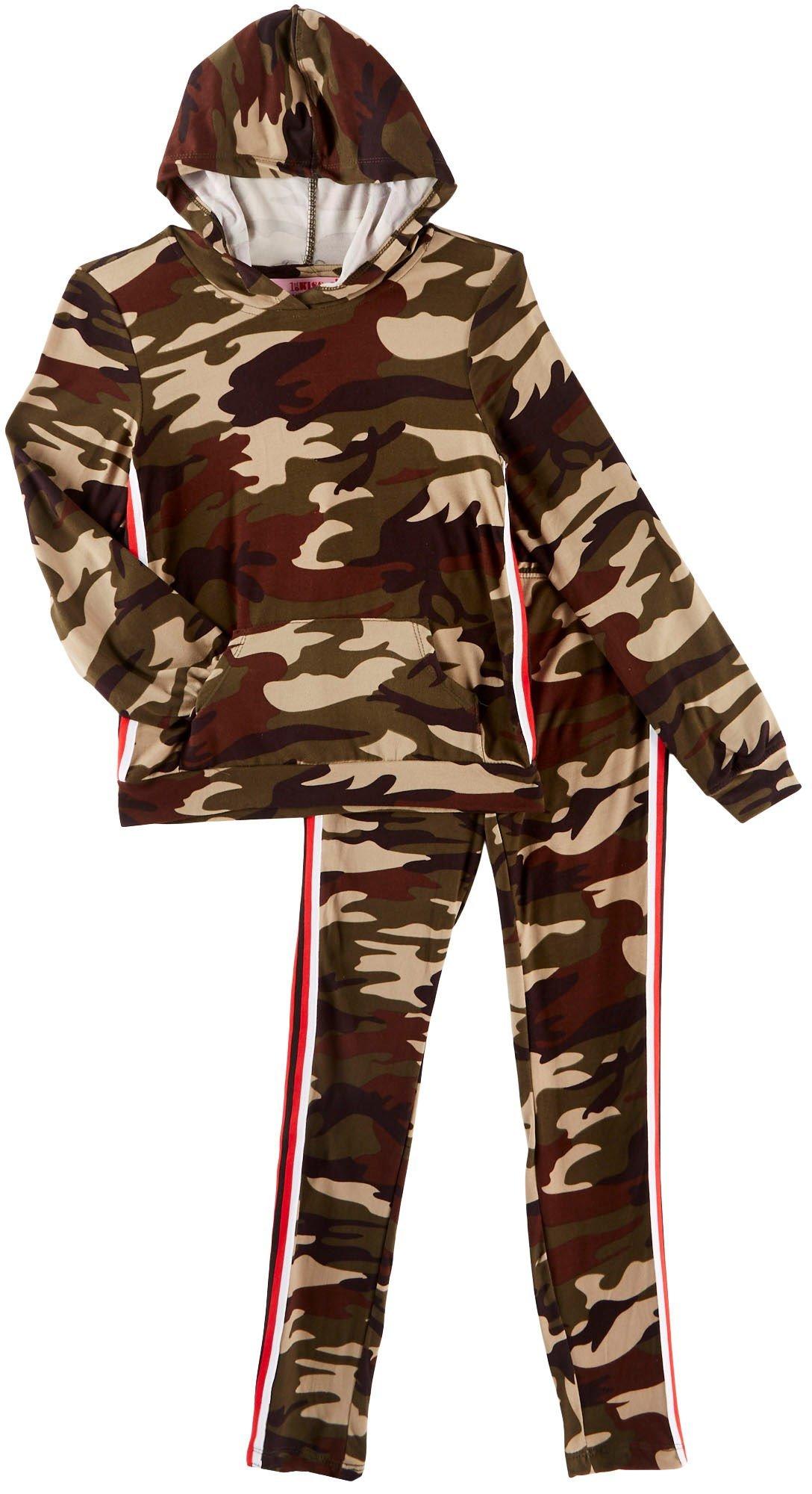 1st Kiss delivers fun and fashionable apparel! Hooded jacket features camouflage print, contrast sports striping, a kangaroo pocket, and banded hems. Set includes a coordinating pair of camouflage pull-on pants with contrast sports striping and an elastic waist.