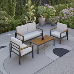 RIBE Aluminum/Wood Accent 4 Piece Patio Set with Cushions