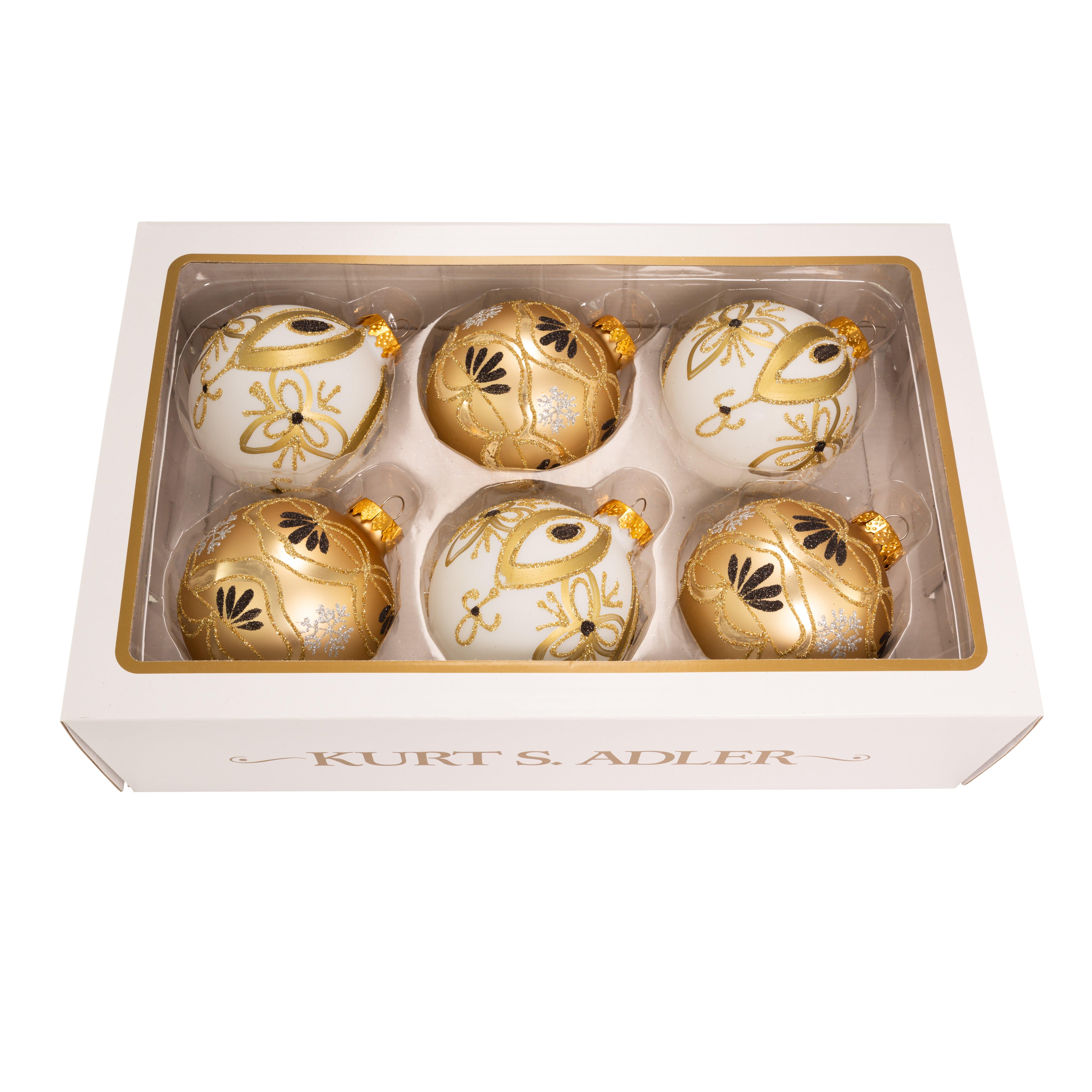 Kurt Adler 80MM Gold and White Glass Ball Ornaments.