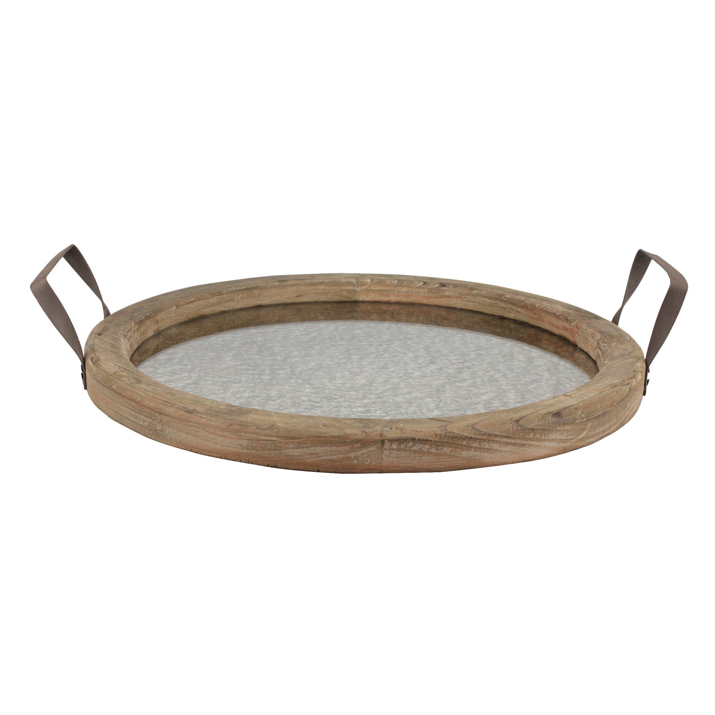Stonebriar Round Wood Handled Tray with Distressed Mirror