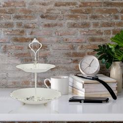 Two Tier Off White Metal Trinket Tray with Handle