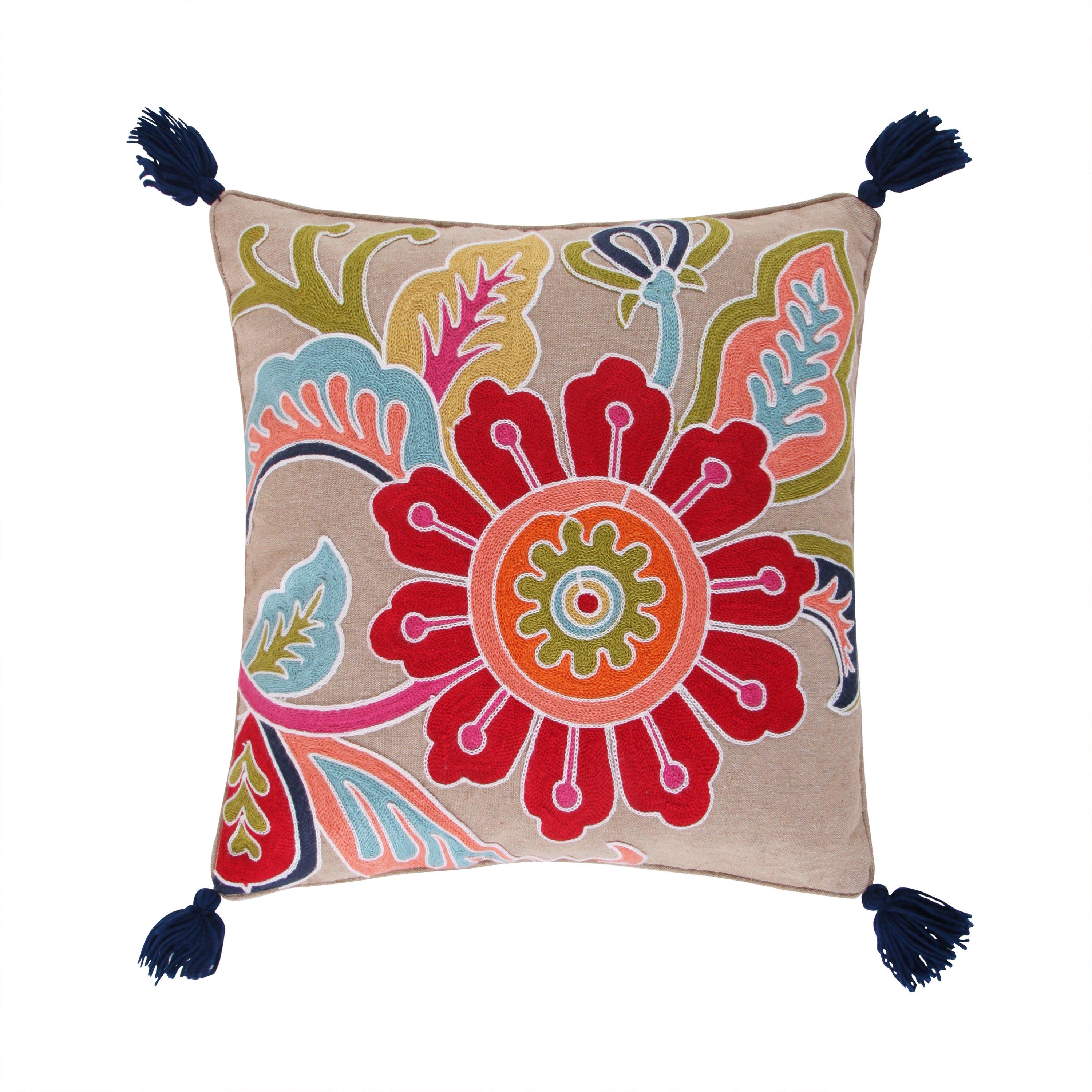 Jules Crewel Flower Tassel Decorative Pillow