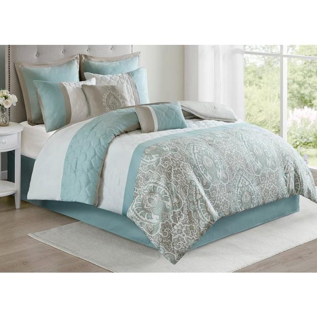 510 DESIGN Shawneel 8 Piece Bedding Comforter Set for Bedroom Queen Size Blue 