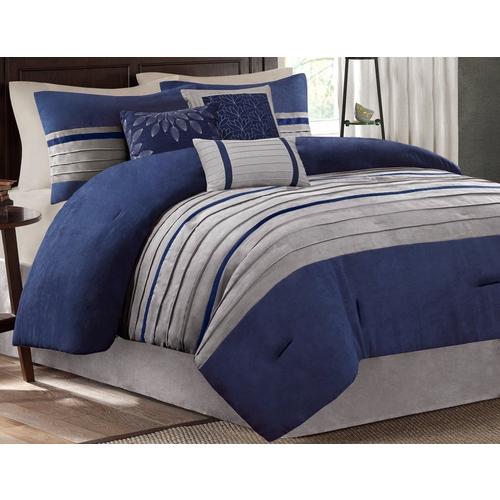 Pieced Microsuede Includes 1 Comforter 1 Bed Skirt 3 Decorative Pillows Madison Park Queen Palmer 7 Piece Comforter Set 2 Shams Navy Blue and Gray 