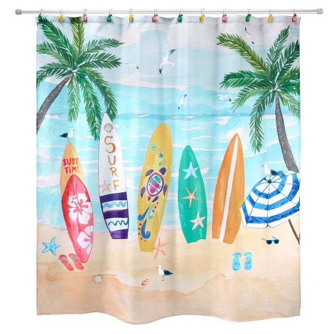 Beach Time Fabric Shower Curtain Surfing Sun Sand Tropical Print Flip Flop 70x72 
