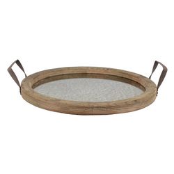 Stonebriar Round Wood Handled Tray with Distressed Mirror