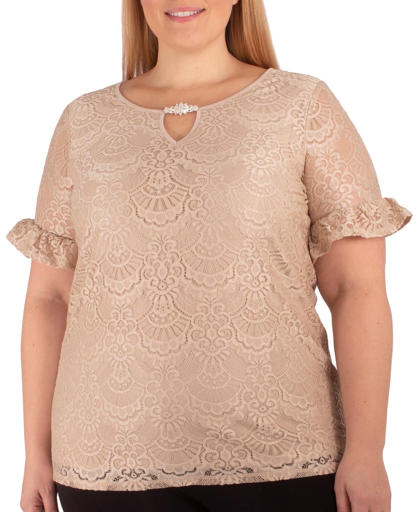 NY Collection Plus Short Ruffle Sleeve Lace Top
