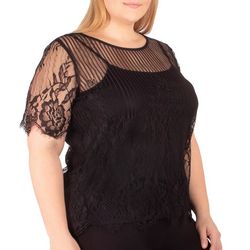 NY Collection Plus Jewel Neck Lace Top with Camisole