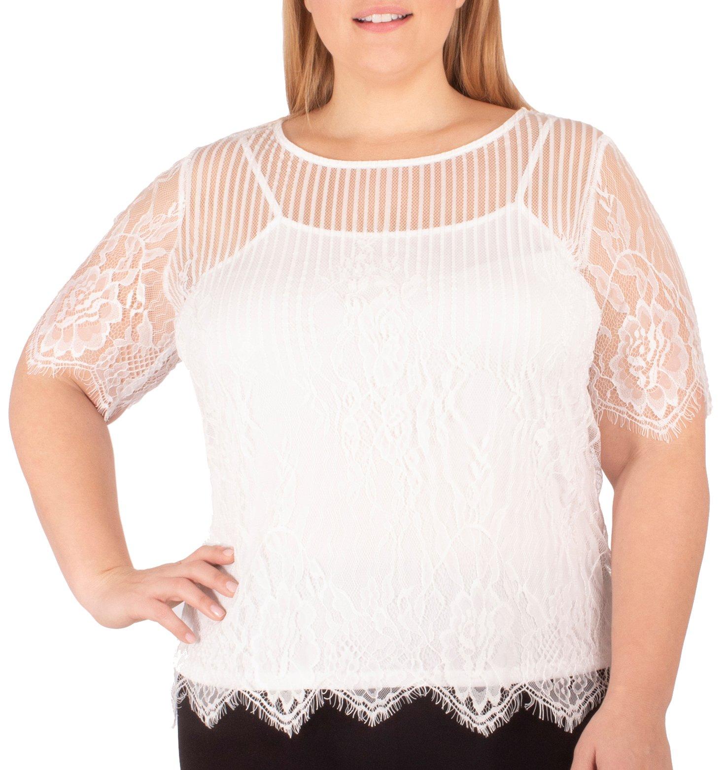 Plus Jewel Neck Lace Top with Camisole