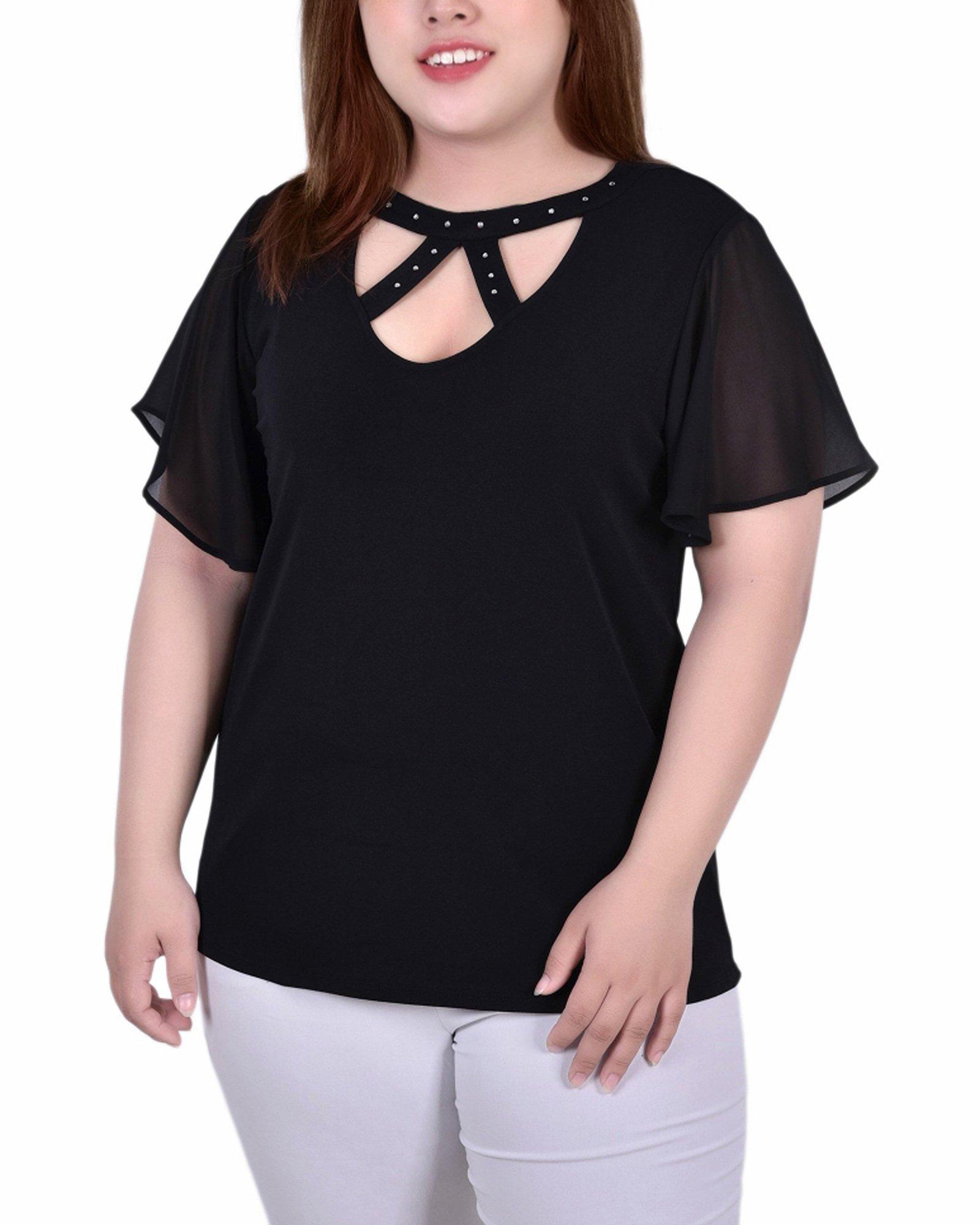 NY Collection Plus Short Flutter Sleeve Top With Rhinestones