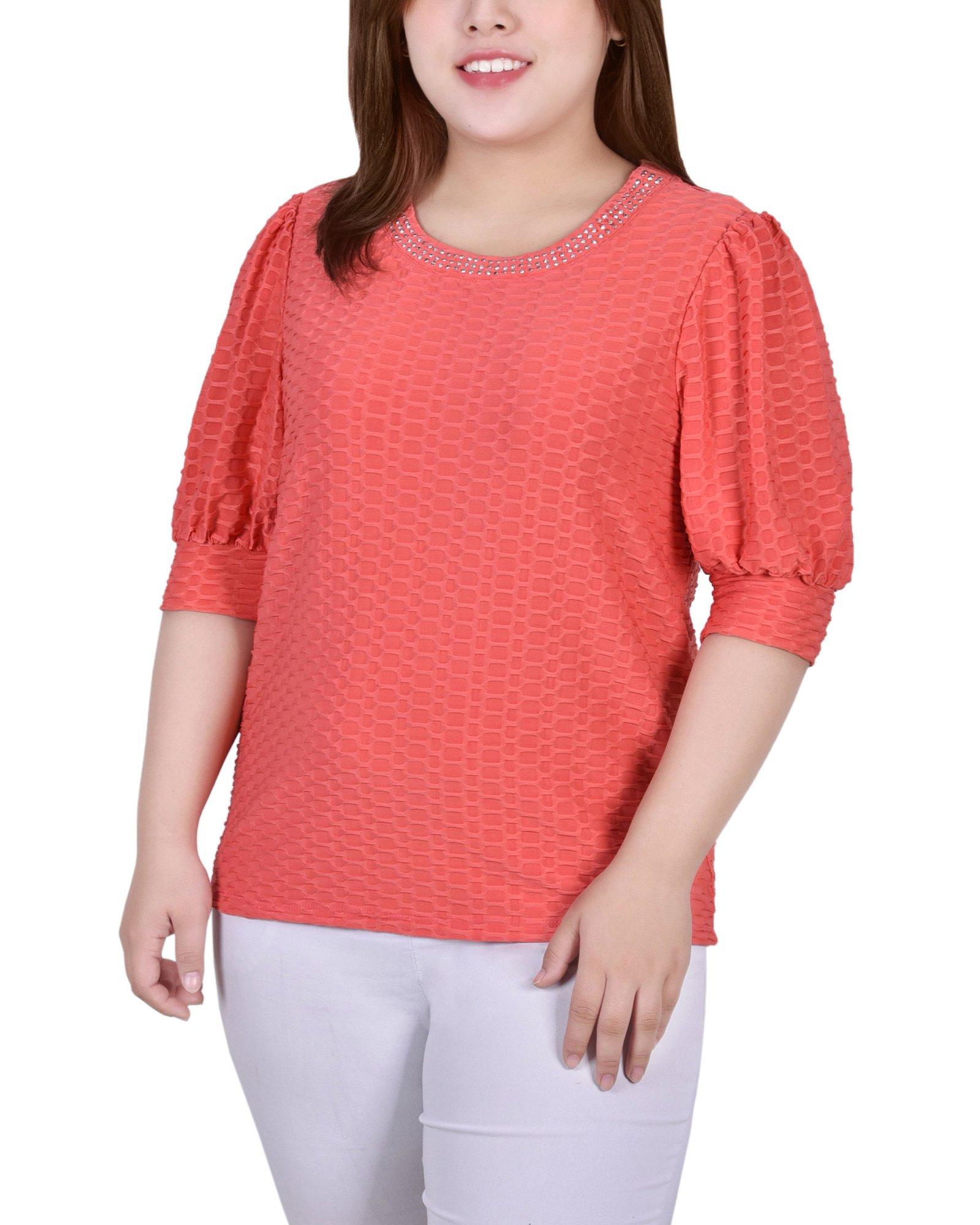 NY Collection Plus Short Puff Sleeve Honeycomb Top