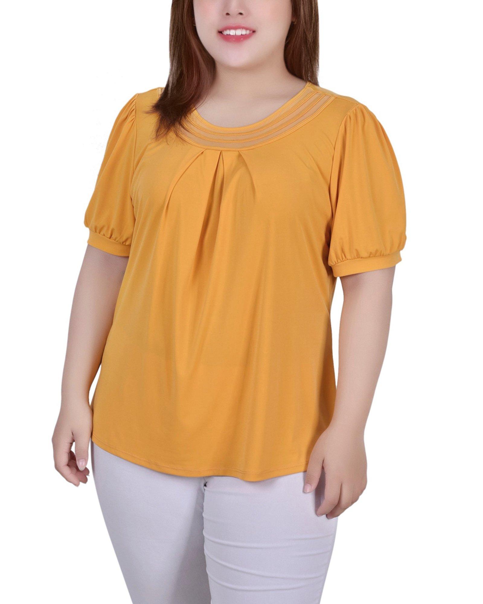 NY Collection Plus Short Puff Sleeve Sheer Inset Top