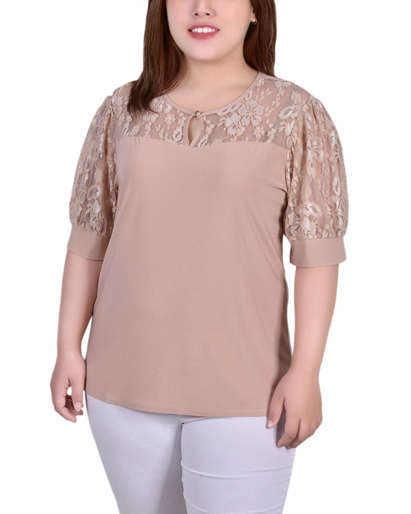NY Collection Plus Short Puff Sleeve Top With Lace Sleeve