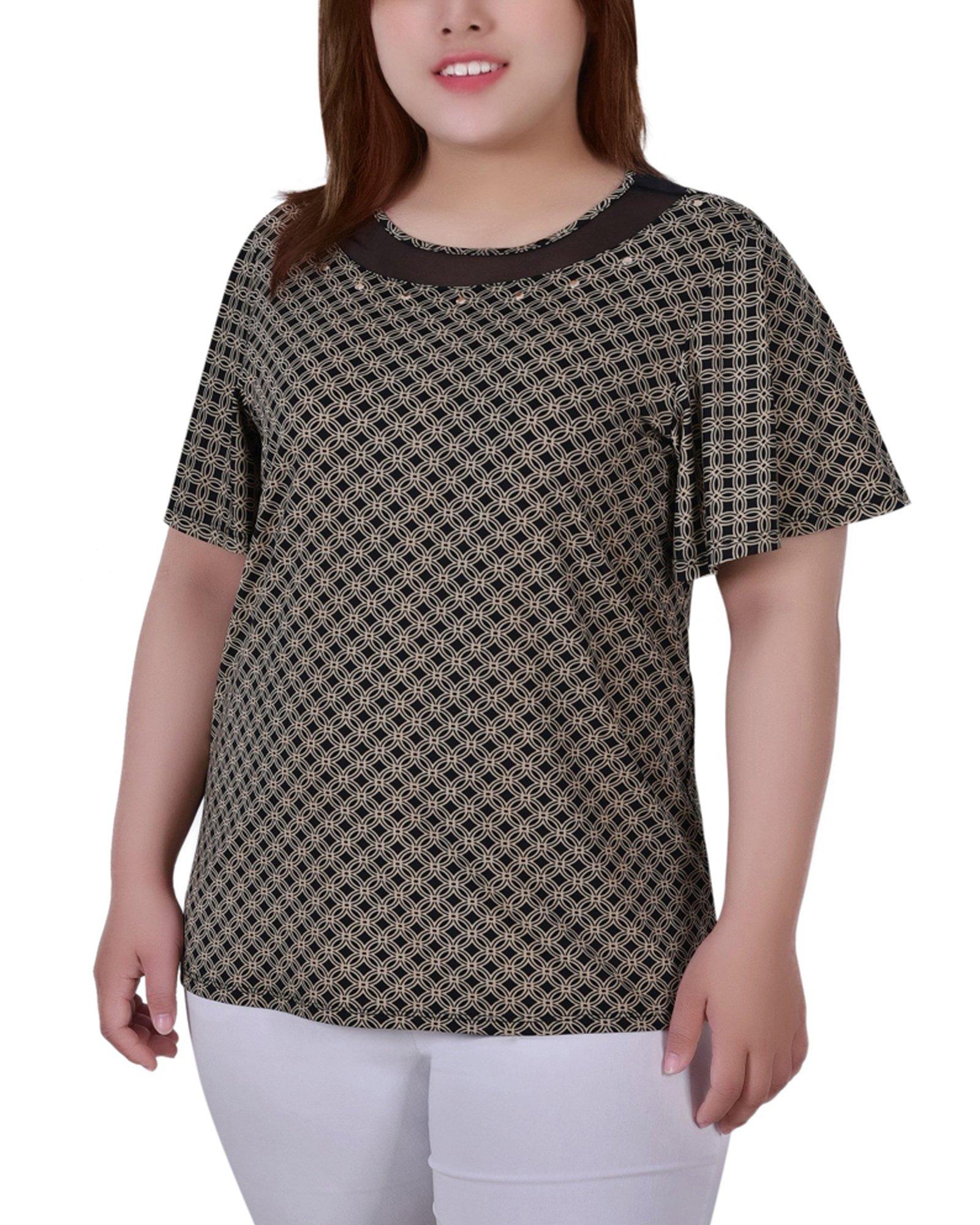 NY Collection Plus Short Sleeve Knit Top With Sheer Inset
