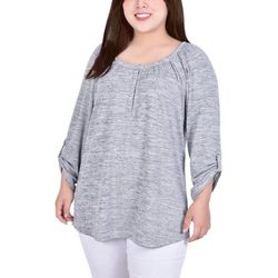 NY Collection Plus Long Roll Tab Sleeve Henley Top