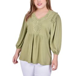 NY Collection Plus 3/4 Sleeve Knit Gauze Top With Crochet