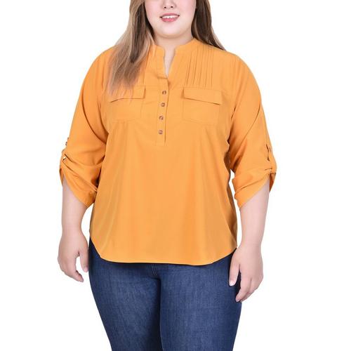 Long Tab-Sleeve Blouse With Pockets.