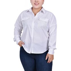 NY Collection Long Sleeve Hidden Placket Blouse With Studs