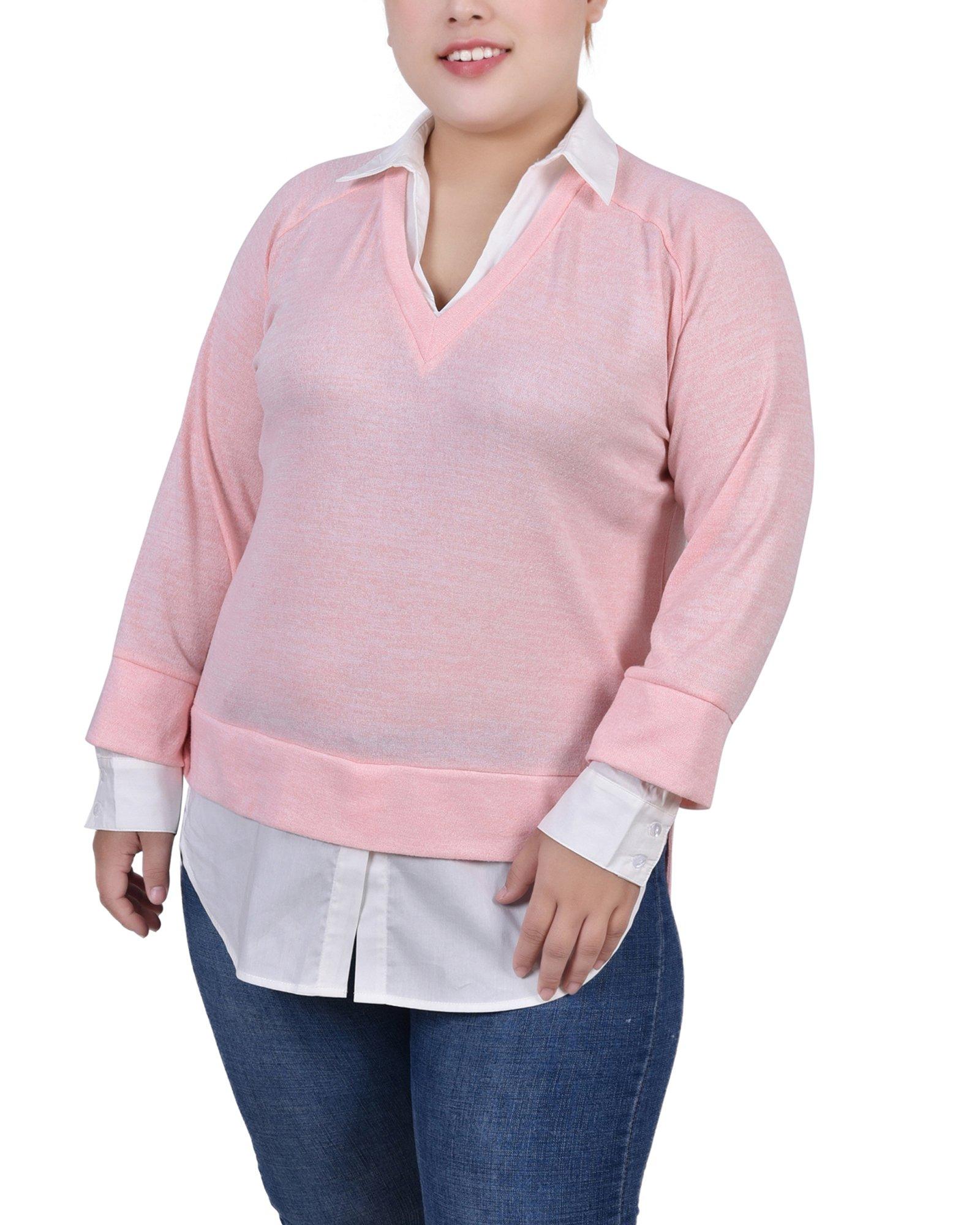NY Collection Womens Plus Size Long Sleeve Two-Fer Top