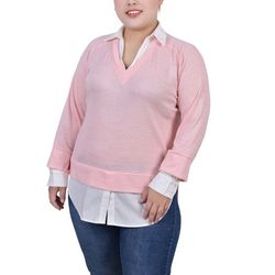 NY Collection Womens Plus Size Long Sleeve Two-Fer Top