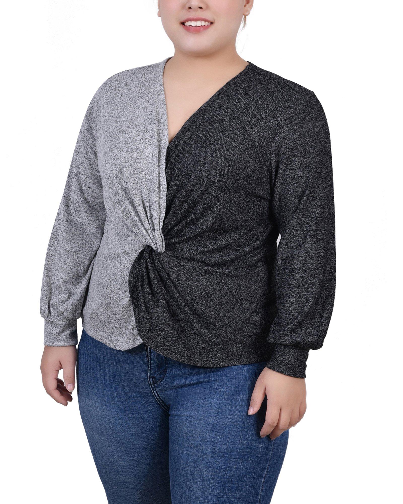 NY Collection Womens Plus Size Long Sleeve Twist Front Top