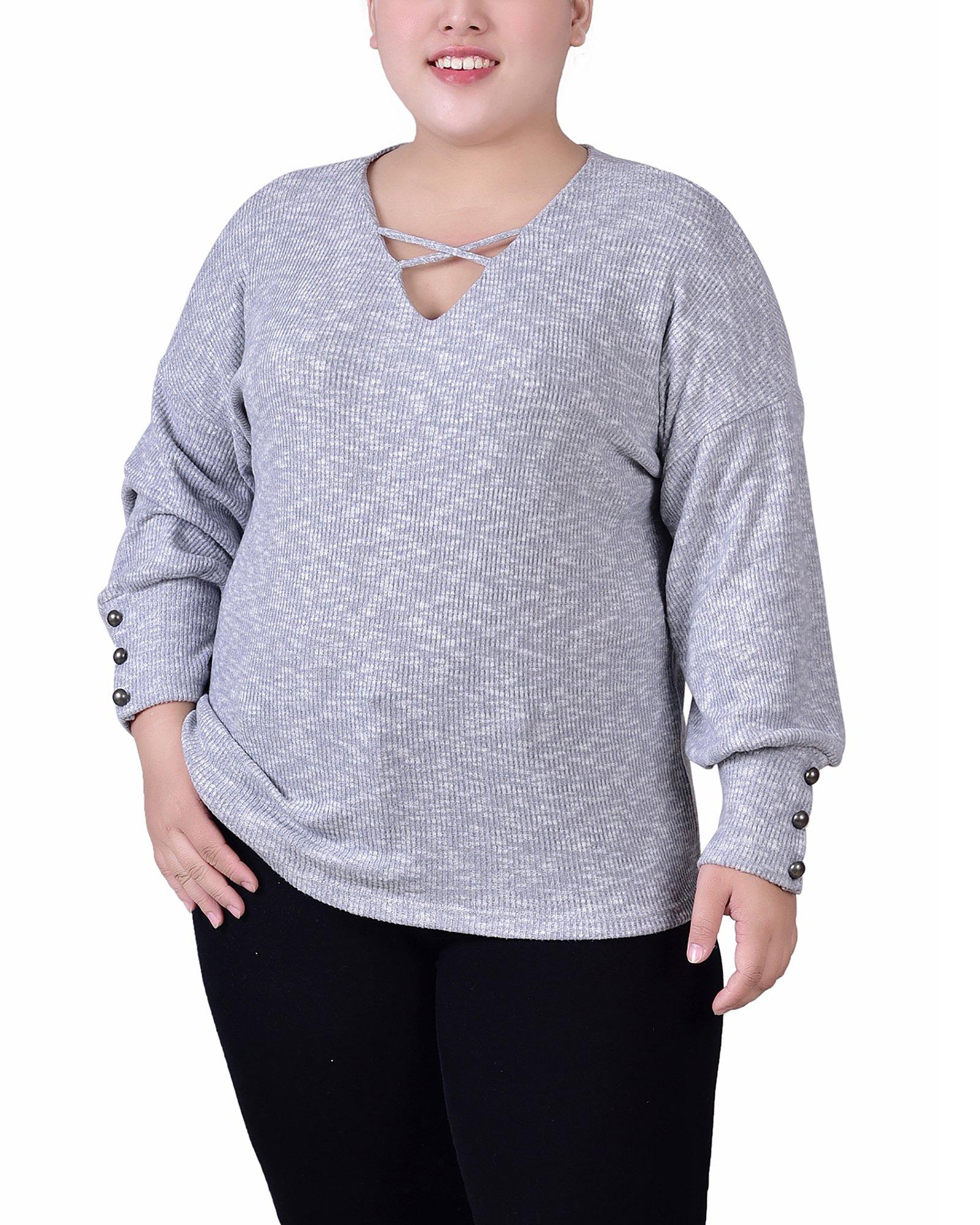 NY Collection Plus Size Long Sleeve Criss Cross Neck Top