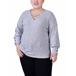 NY Collection Plus Size Long Sleeve Criss Cross Neck Top