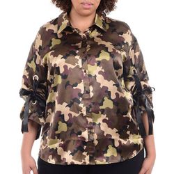 NY Collection Plus Camo Tie-Up Sleeve Blouse Top