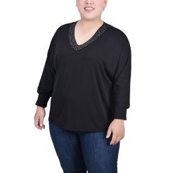 NY Collection Womens Plus Size Long Sleeve Studded Top