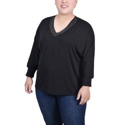 Womens Plus Size Long Sleeve Studded Top
