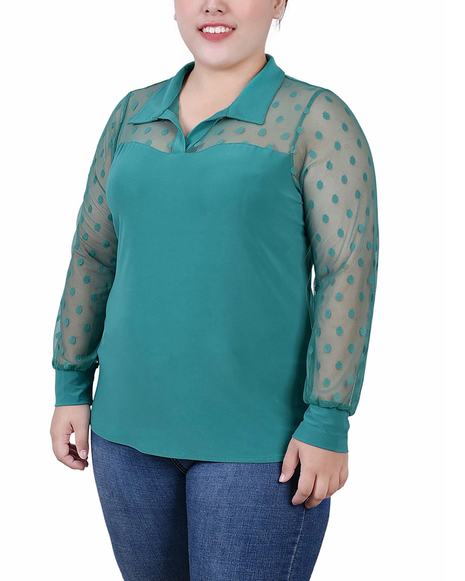 NY Collection Womens Plus Size Mesh Sleeve Top