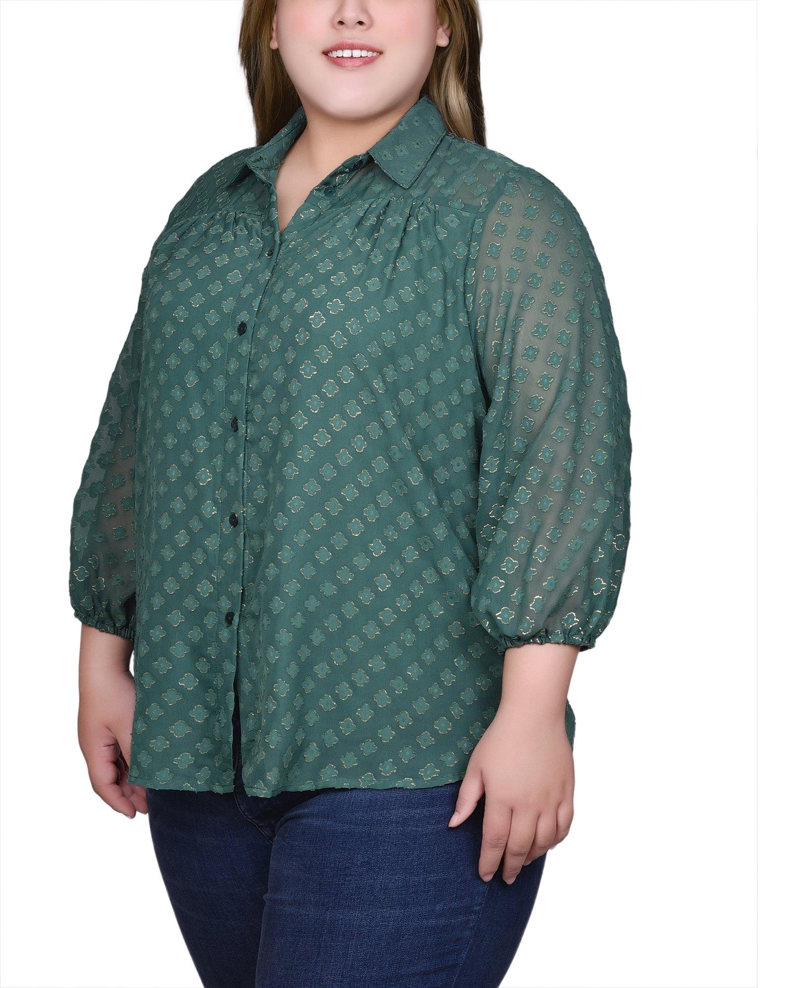 NY Collection Women 3/4Sleeve Foiled Jacquard Chiffon Blouse