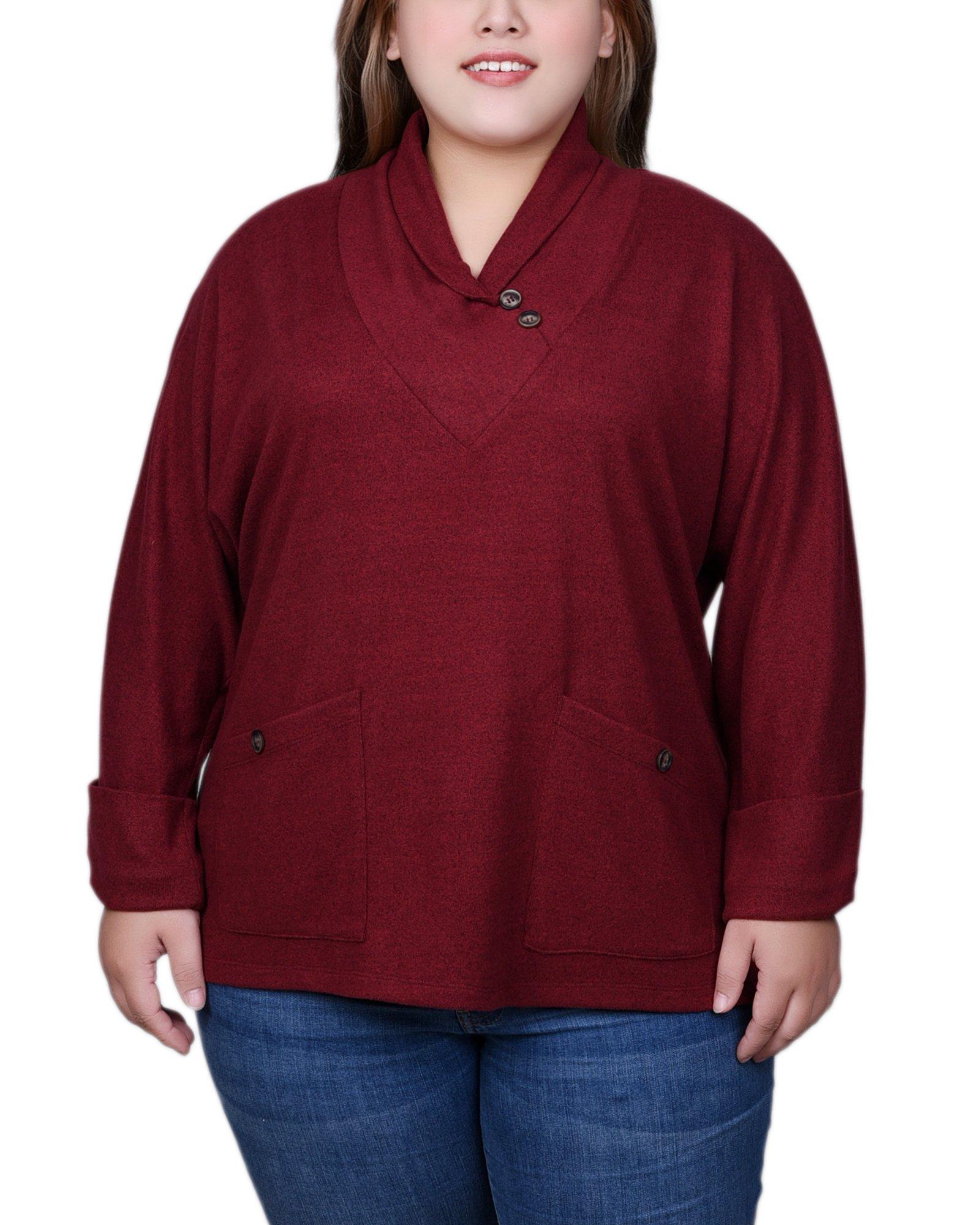 NY Collection Womens Long Sleeve Top With Pockets