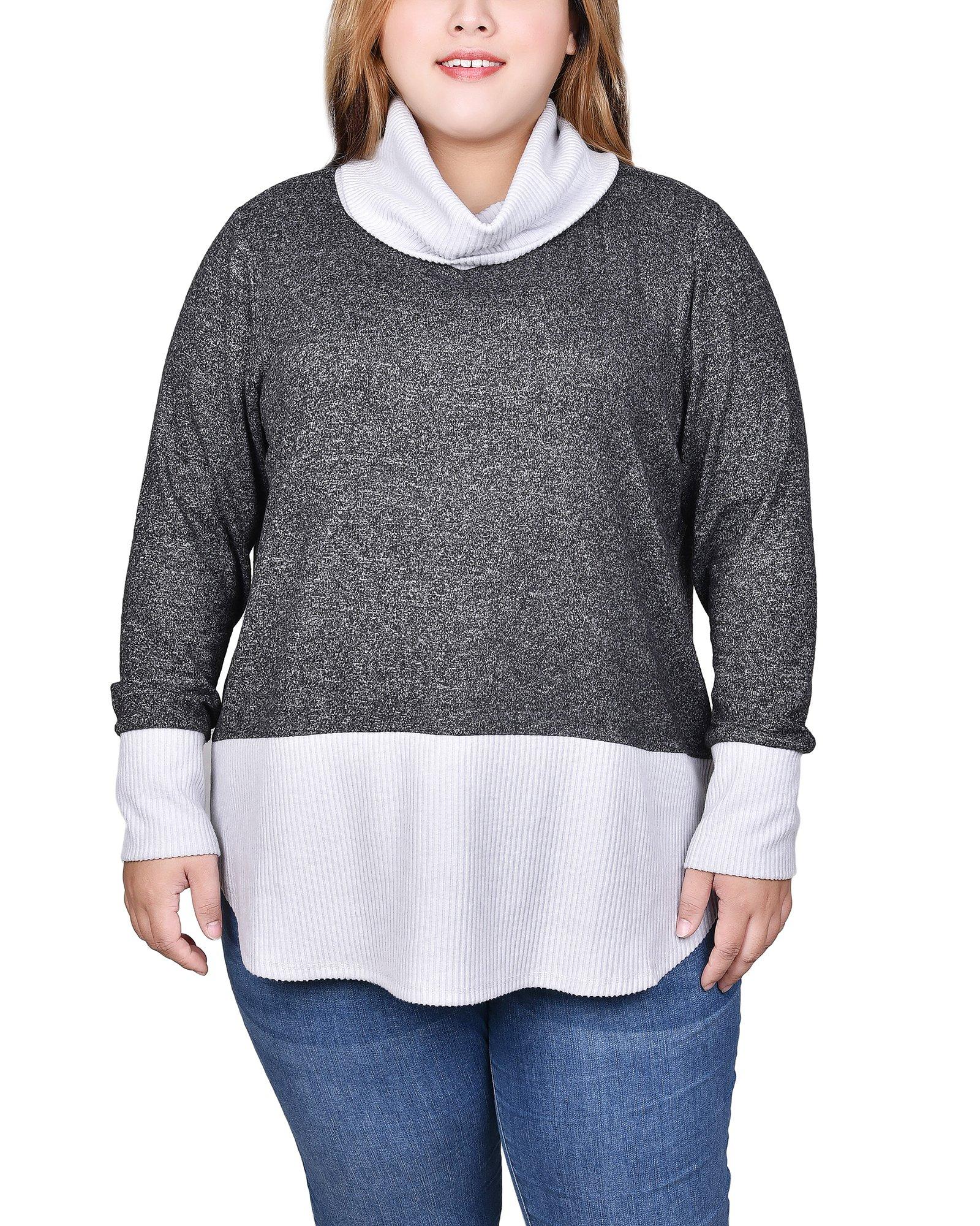NY Collection Womens Long Sleeve Cowl Neck Colorblocked Top