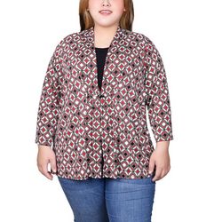 NY Collection Womens Puff Print 3/4 Sleeve Two-Fer Top