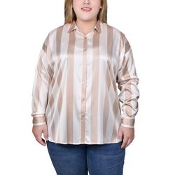 NY Collection Womens Long Sleeve Striped Satin Blouse