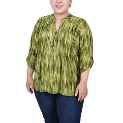 NY Collection Plus Size 3/4 Roll Tab Sleeve Y Neck Top
