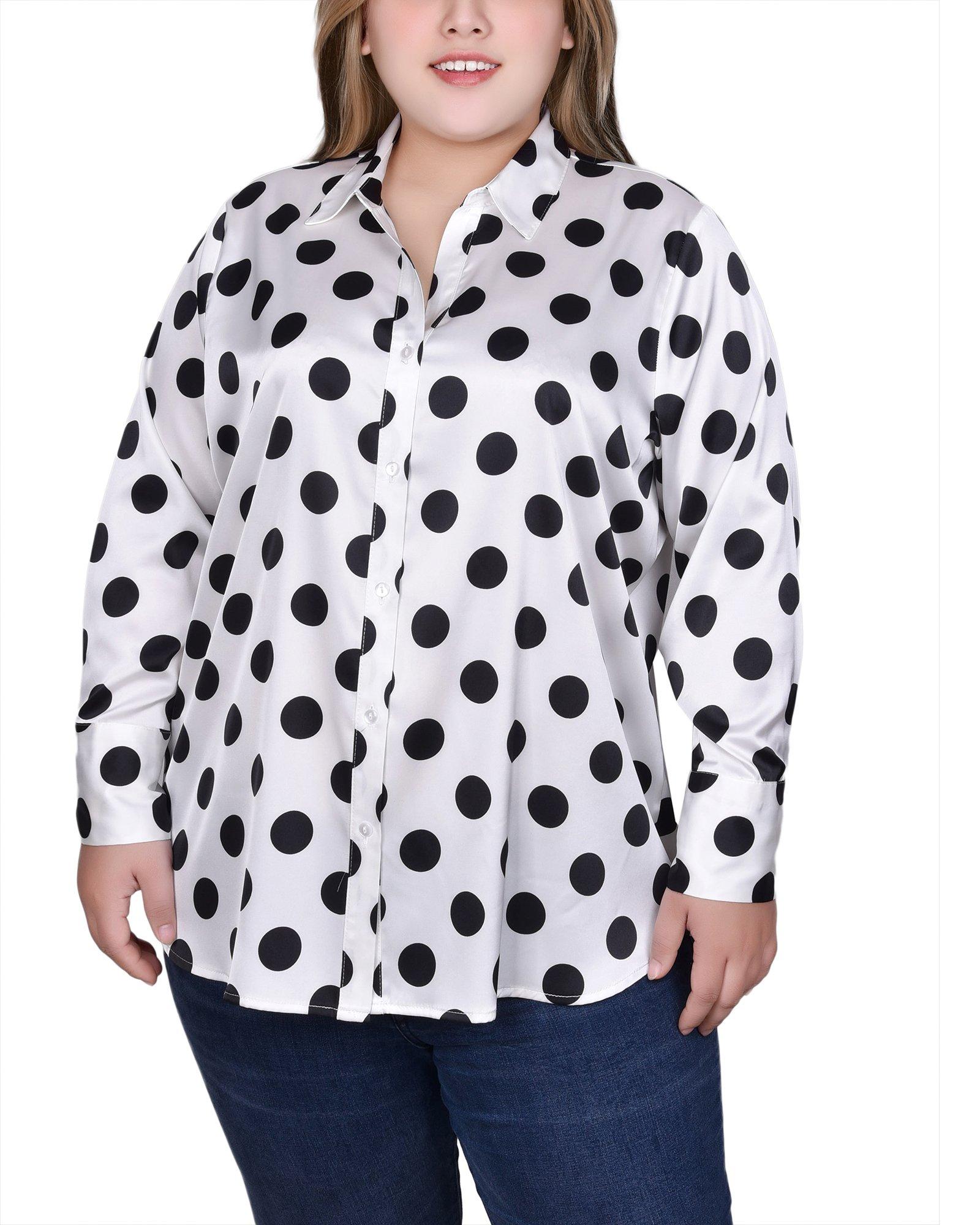 NY Collection Womens Long Sleeve Dotted Satin Blouse